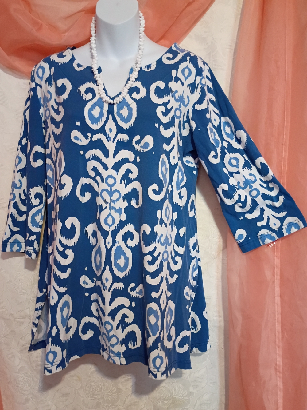Barbara Gerwit Ladies Blue and White Printed Women's Tunic Top Sz XL